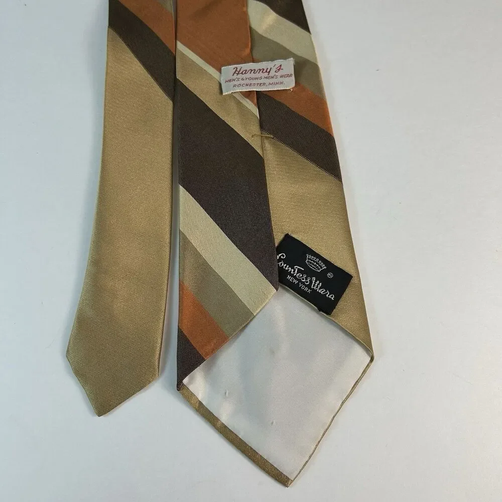 Countess Mara Men’s Tan Brown Olive Burnt Orange Stripe 100% Silk Vintage Tie